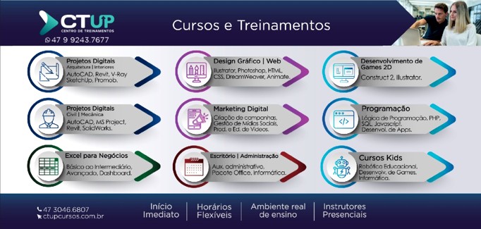 Marketing Digital - Criação de Campanhas - Gestão de Mídias Sociais - Produção e Edição de Vídeos - Auxiliar Administrativo - Desenvolvimento de Games 2D - Construct 2 - Lógica de Programação - PHP - SQL - Javascript - Desenvolvimento de Apps - Robótica Educacional