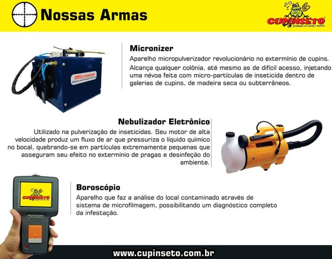 Nossas Armas Micronizer pulverizador de cupins - Nebulizador Eletrônico pulverização de inseticidias - Boroscópio análise sistema de microfilmagem da infestação